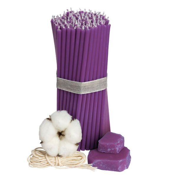 Fioletowe świece z wosku pszczelego nr 140, długość 16 cm, średnica 5 mm, czas palenia 30 minut do rytuałów, medytacji, dekoracji