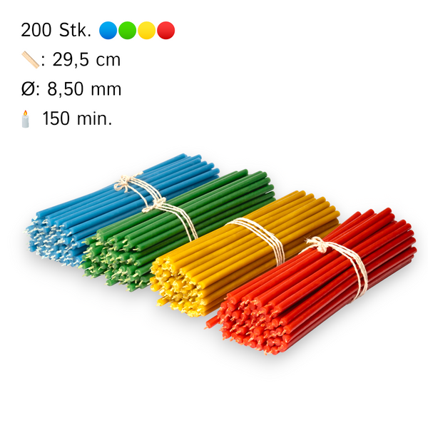 200 pcs Multicolored set of beeswax candles 4 colors N30: yellow, green, red, blue I length 29,5 cm I ⌀ 8,5 mm I burning time 150 min