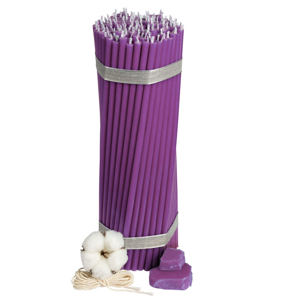 Violetinės bičių vaško žvakės №40, ilgis 26,5 cm, skersmuo 7,15 mm, degimo laikas 120 minučių ritualams, meditacijai, dekoravimui