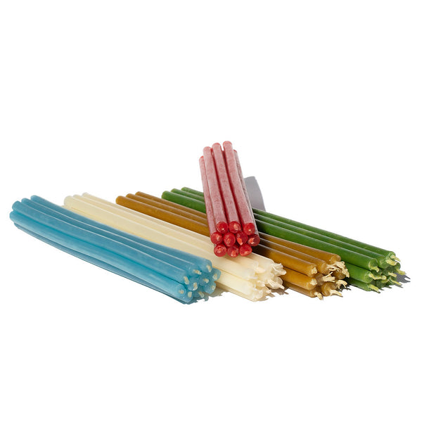 50 pcs Coloured bundle of beeswax candles 5 colours №140: yellow, green, red, blue, white I length 16 cm I diameter 5 mm I burning time 30 min