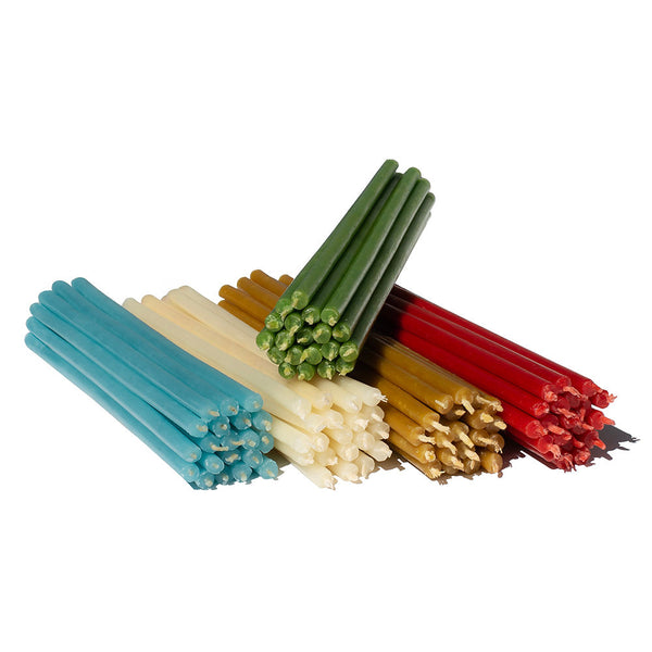 50 pcs Coloured bundle of beeswax candles N80 5 colours: yellow, green, red, blue, white I length 18,5 cm I ⌀ 6,1 mm I burning time 60 min
