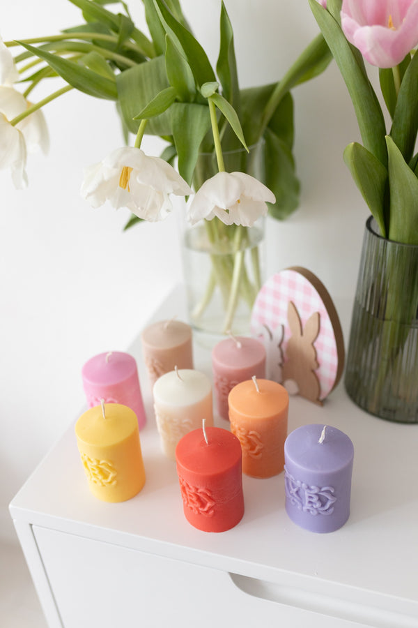 Handmade cylinder Easter candle made from natural soy wax for special moments 7.5 cm