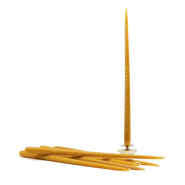 Zestaw 3 tradycyjnych świec kościelnych z wosku pszczelego z grawerem, długość 34 cm, Ø 1 cm, zapach miodu i propolisu