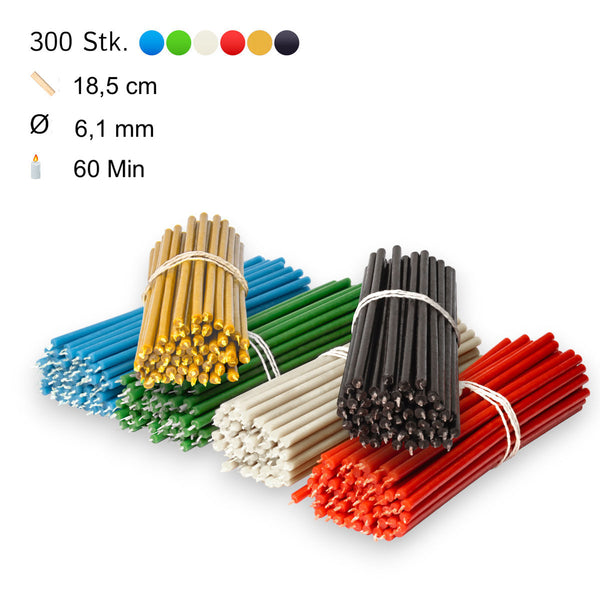300 pcs Coloured bundle of beeswax candles 6 colours N80: yellow, green, red, blue, black, white I length 18.5 cm I ⌀ 6,1 mm I burning time 60 min 