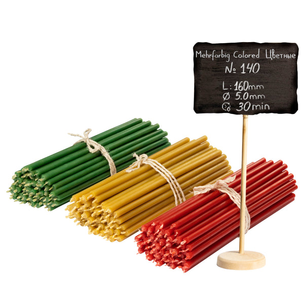 150 pcs Coloured bundle of beeswax candles 3 colours №140: yellow, green, red I length 16 cm I ⌀ 5 mm I burning time 30 min