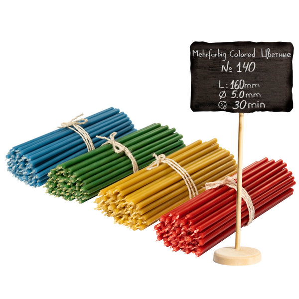 200 pcs Coloured bundle of beeswax candles 4 colours №140: yellow, green, red, blue I length 16 cm I ⌀ 5 mm I burning time 30 min