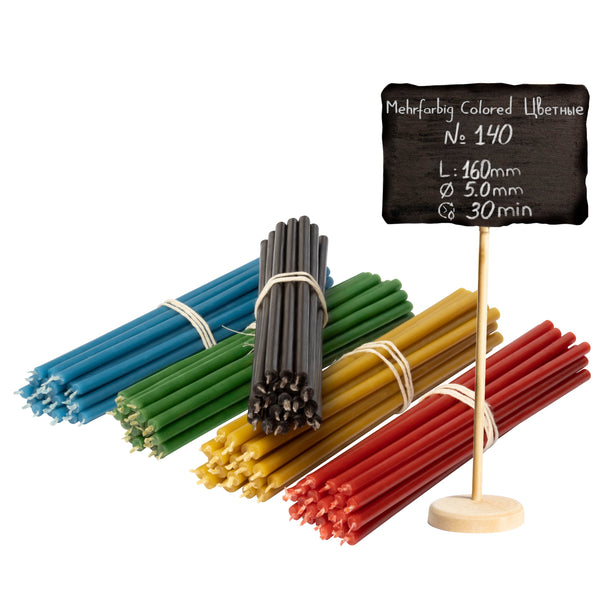 100 шт. Набір різнокольорових свічок з воску №140 I 5 кольорів: жовтий, зелений, червоний, синій, чорний, довжина 16 см.