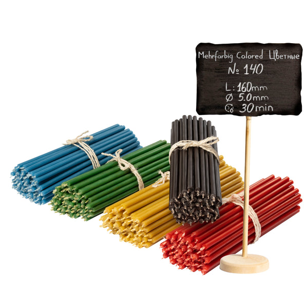 250 pcs Coloured bundle of beeswax candles 5 colours №140: yellow, green, red, blue, black I length 16 cm I ⌀ 5 mm I burning time 30 min