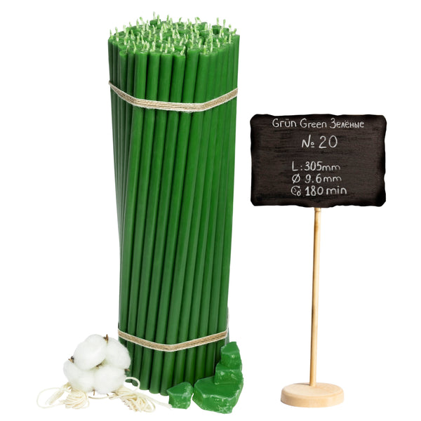 Зеленые восковые свечи №20 I Длина 30,5 см I ⌀ 9,6 мм I Время горения 3 часа 