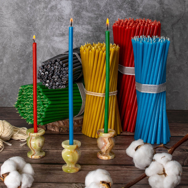 350 pcs Multicolored set of beeswax candles 7 colors №140: yellow, green, red, blue, black, violet, white I length 16 cm I ⌀ 5 mm I burning time 30 min