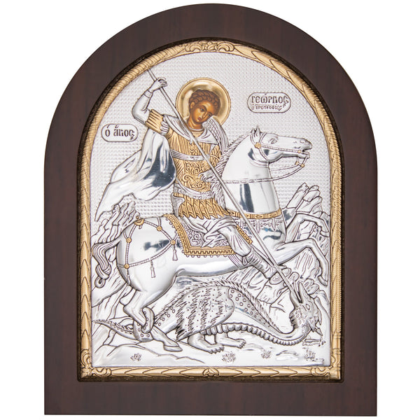 Ікона «Георгій Побідоносець» у срібній рамі трафаретна