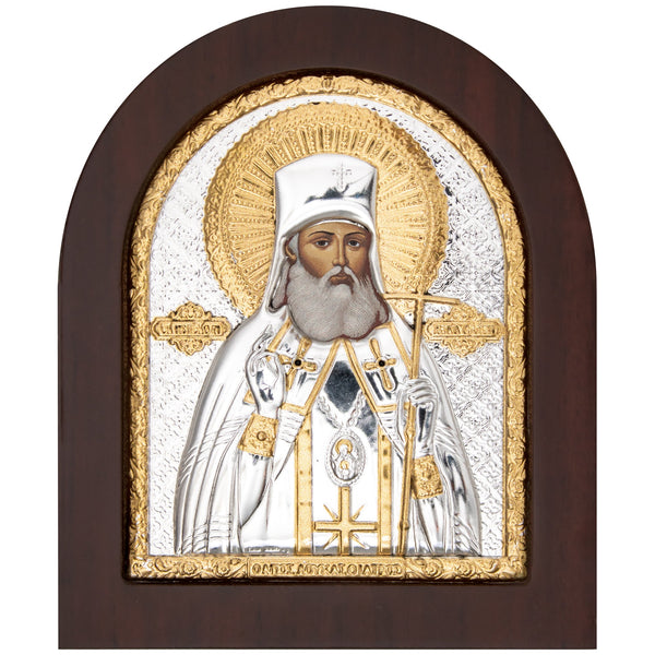 Ikona św. Łukasza oprawiona w sitodruk w srebrnej ramie