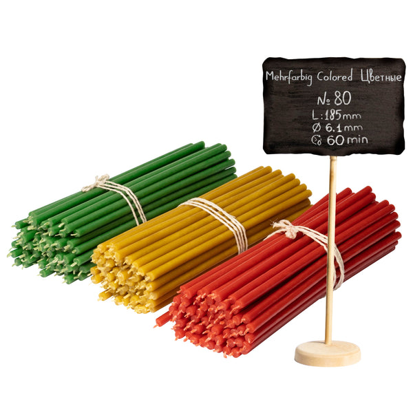 150 pcs Coloured bundle of beeswax candles N80 3 colours: yellow, green, red I length 18,5 cm I ⌀ 6,1 mm I burning time 60 min