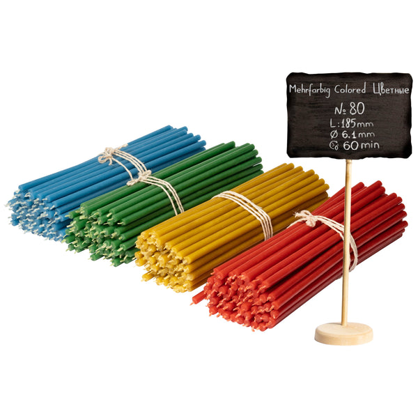 200 pcs Coloured bundle of beeswax candles N80 4 colours: yellow, green, red, blue I I length 18,5 cm I ⌀ 6,1 mm I burning time 60 min