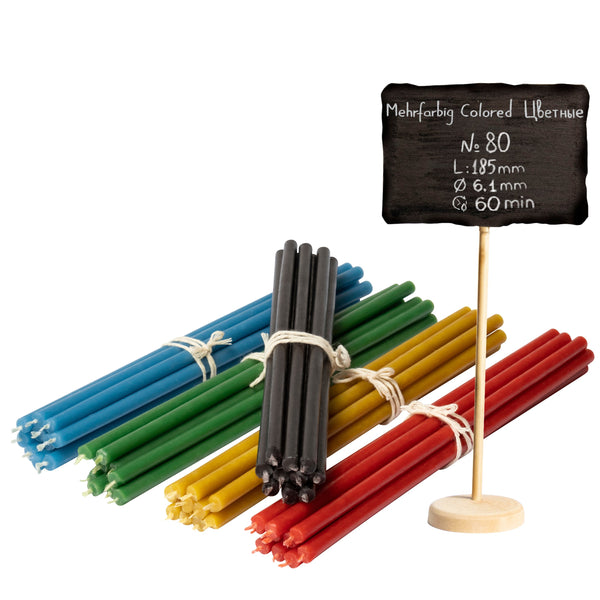 50 pcs Coloured bundle of beeswax candles N80 5 colours: yellow, green, red, blue, black I length 18,5 cm I ⌀ 6,1 mm I burning time 60 min