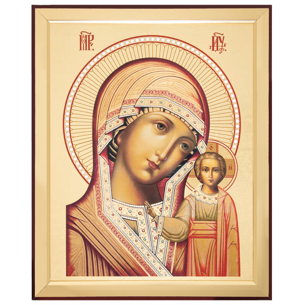 Icon in a gold frame of Our Lady of Kazan