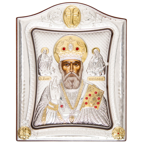 Meteoros ikonos, sidabruota Šventojo Mikalojaus ikona po stiklu