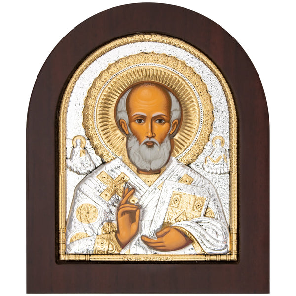 Икона Святитель Николай в серебряном окладе, шелкография
