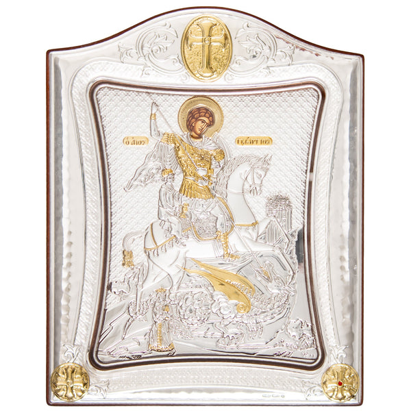 Icone Meteora, icona placcata in argento sotto vetro San Giorgio