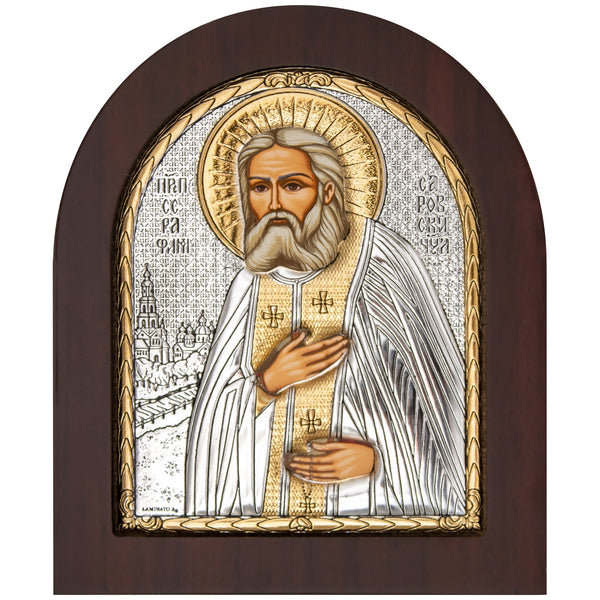 Icon of the Seraphim of Sarov in a silver frame screenprinted